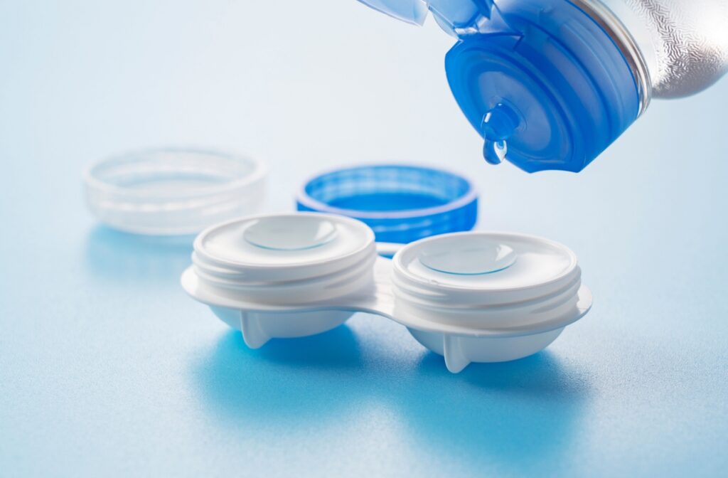 Contact lens solution being added to a clean contact lens case.